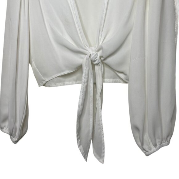 BOOHOO | White V-Neck Tie Front Crop Top Long Balloon Sleeves | Size 10 - Picture 3 of 9